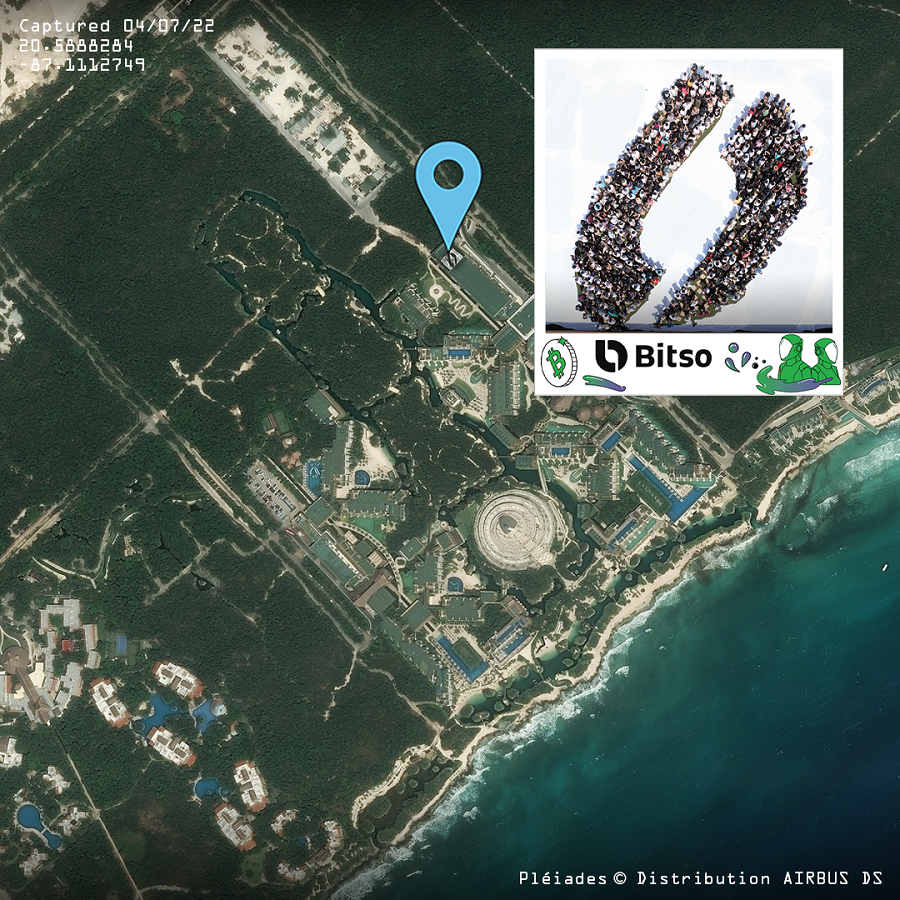 Bitso spelfie image. A satellite image with spelfie overlay of drone footage capturing a 'B' from space.
