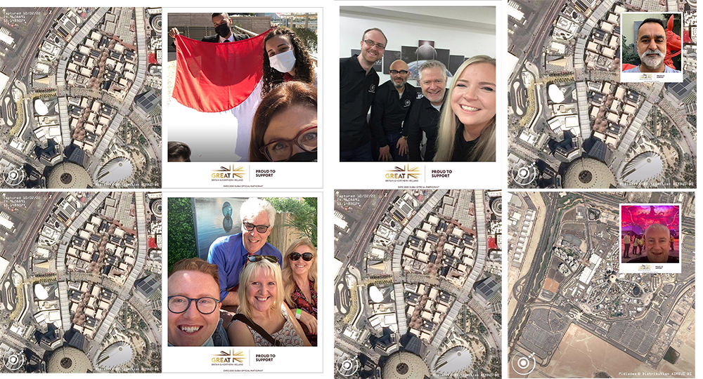 Expo 2020 spelfies.

Selfies alongside a satellite image of the Expo 2020 Site capturing the experiential event moment...from space!