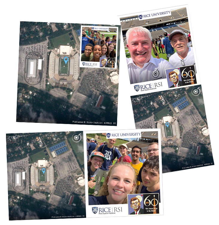 spelfies taken at the Rice University spelfie event. Selfies combined with satellite imagery to create a special moment with spelfie, the unique fan engagement tool.